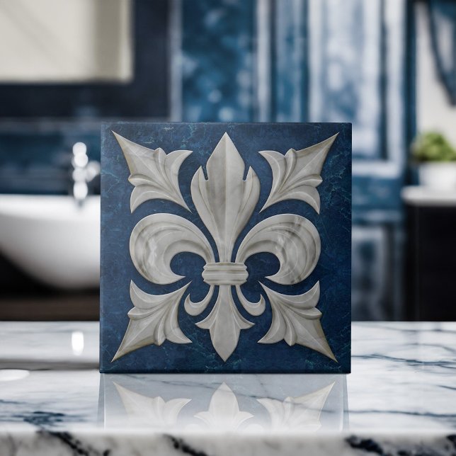 Azulejo Mármol blanco y azul de Fleur-De-Lis (Subido por el creador)