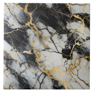 Azulejo Mármol blanco y negro en negrita con grietas dorad