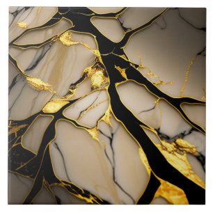 Azulejo Mármol Cerámico Dorado con Vetas Cristalinas Negra