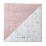 Azulejo Mármol color de rosa femenino elegante del blanco<br><div class="desc">Falso purpurina color de rosa geométrico elegante y elegante del oro y bloque de mármol blanco del color.</div>
