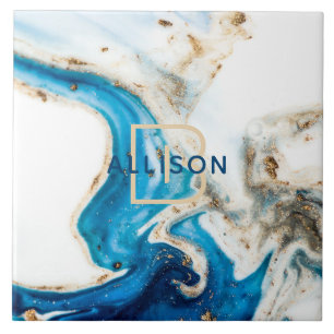 Azulejo Mármol de oro blanco azul Resumen Monograma de art