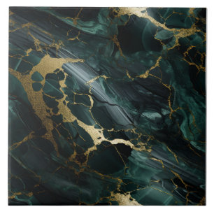 Azulejo Mármol Esmeralda, Aquamarina Oscura, Detalle Dorad