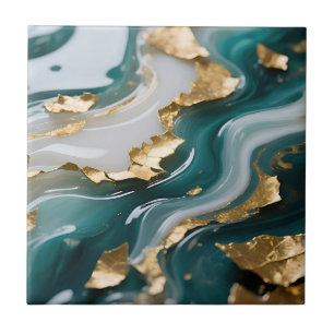 Azulejo Mármol Fluido de Hoja de Oro Verde Teal Lujoso