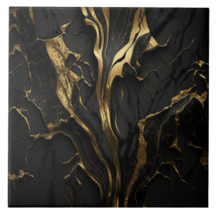 Azulejo Mármol negro con cintas de oro fluidas