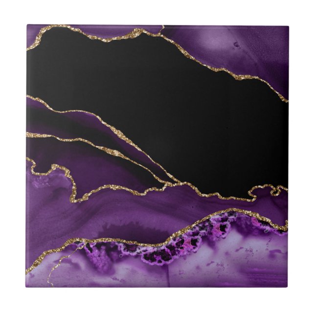 Azulejo Mármol Negro Violeta Ágata Glamour Oscuro Dorado (Frente)