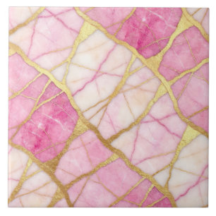 Azulejo Mármol Rosa Caliente y Dorado