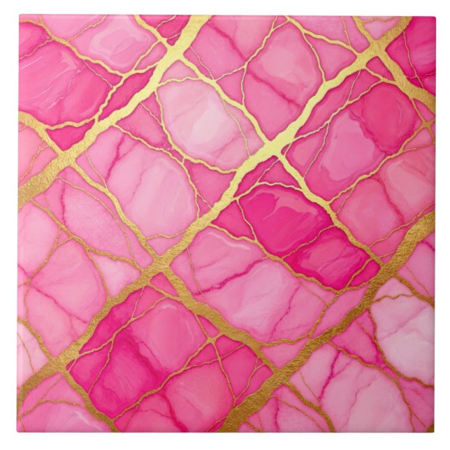 Azulejo Mármol Rosa Caliente y Dorado (Frente)