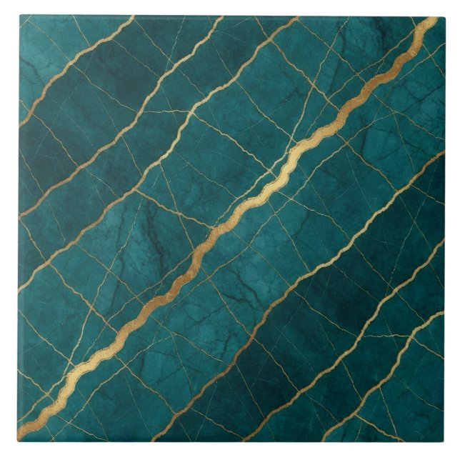Azulejo Mármol Turquesa Azul Teal y Dorado (Frente)