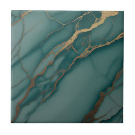 Azulejo Mármol Verde Azulado Océano con Vetas Doradas Metá
