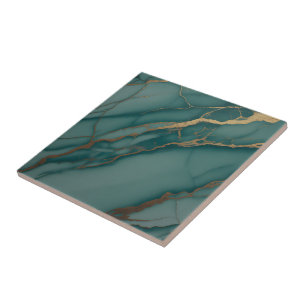 Azulejo Mármol Verde Azulado Océano con Vetas Doradas Metá