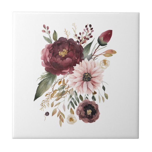 Azulejo Maroon Burgundy Rubor Pink Botanical Floral (Frente)