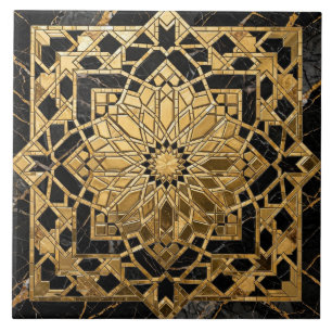 Azulejo marroquí de mármol negro con hoja de oro 3