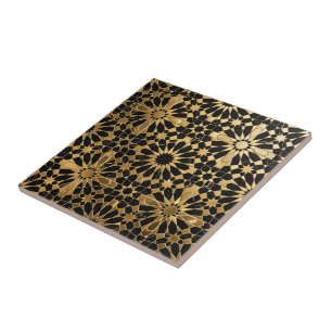 Azulejo Marroquí de Mármol Negro de Lujo y Oro