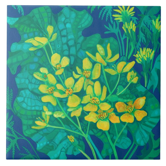Azulejo Marsh Marigold Summer Wildflowers Pintura Floral (Frente)