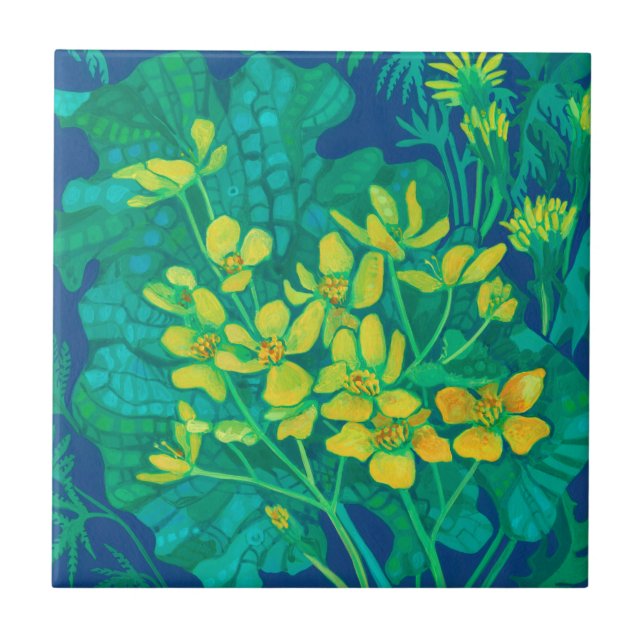 Azulejo Marsh Marigold Summer Wildflowers Pintura Floral (Frente)
