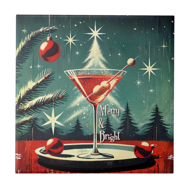 Azulejo Martini de árbol de Navidad Retro 50s Snow Flurry (Frente)