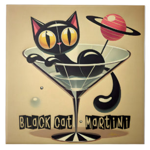 Azulejo Martini de gato negro de la era espacial futurista