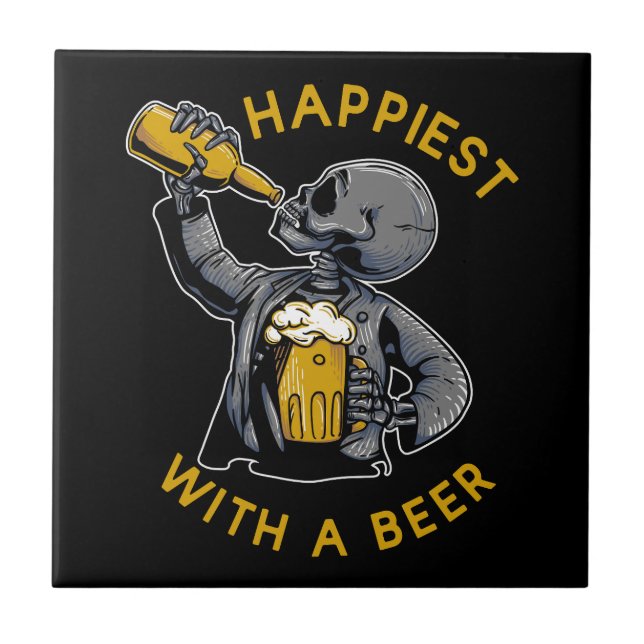 Azulejo más feliz con una cerveza con esqueleto llevando u (Frente)