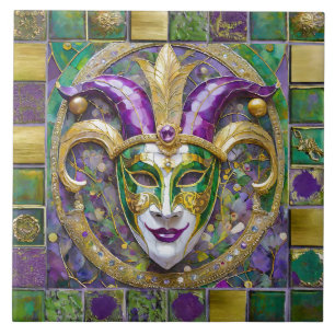 Azulejo Máscara de bufón de Mardi Gras verde púrpura dorad