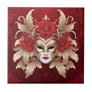 Azulejo Máscara de carnaval rojo y dorado