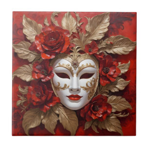 Azulejo Máscara de carnaval rojo y dorado