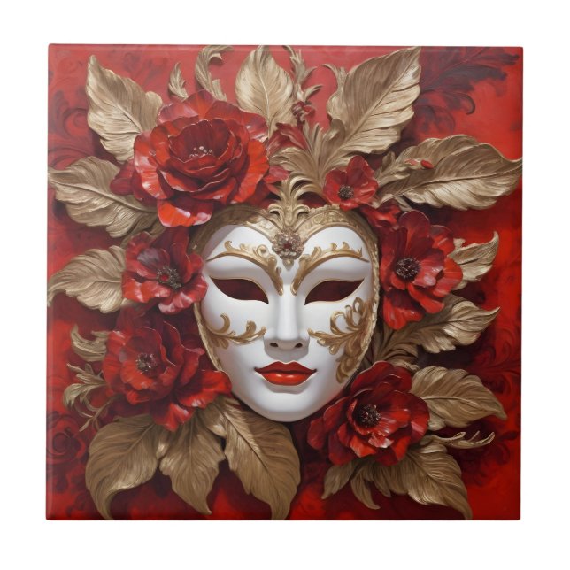 Azulejo Máscara de carnaval rojo y dorado (Frente)
