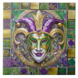 Azulejo Máscara de Jester Mardi Gras verde dorado