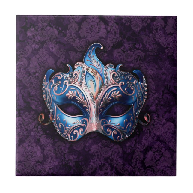 Azulejo Máscara de Mascarada Azul Elegante (Frente)