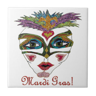 Azulejo Máscara de plumas brillantes Colorido Mardi Gras