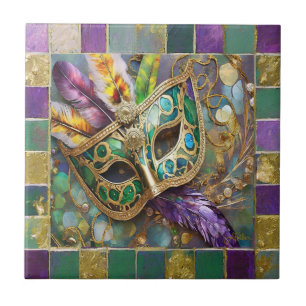 Azulejo Máscara de Plumas Coloridas Verde y Dorado de Mard