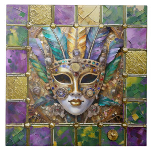 Azulejo Máscara de plumas de colores de oro y cerámica de