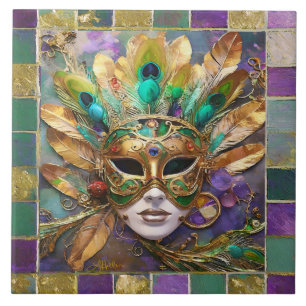Azulejo Máscara de plumas de pavo real dorado y verde de M