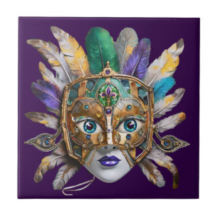 Azulejo Máscara de plumas y metal de Mardi Gras