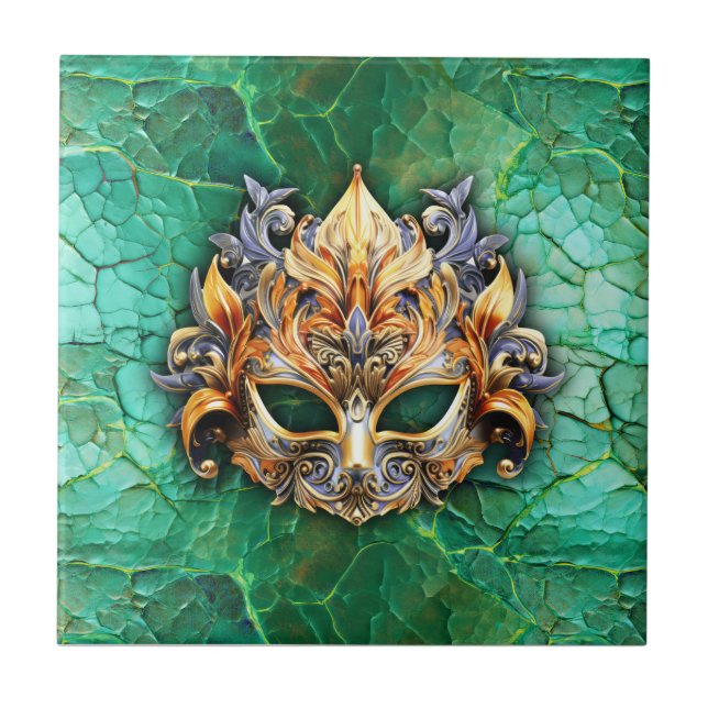 Azulejo Máscara decorativa sobre almohada verde brillante (Frente)