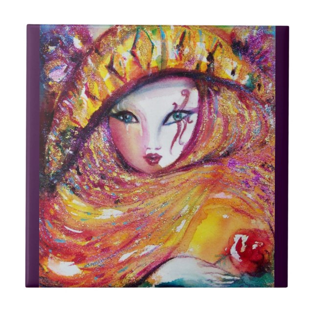 Azulejo MÁSCARA EN BALA AMARILLA / Veneciana, Púrpura (Frente)