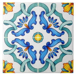 Azulejo Mayólica Española Azul Floral Mosaico