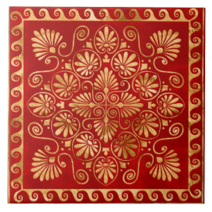 Azulejo Meander griego - Ornamento griego - Oro en rojo
