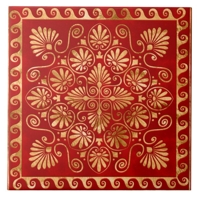 Azulejo Meander griego - Ornamento griego - Oro en rojo (Frente)