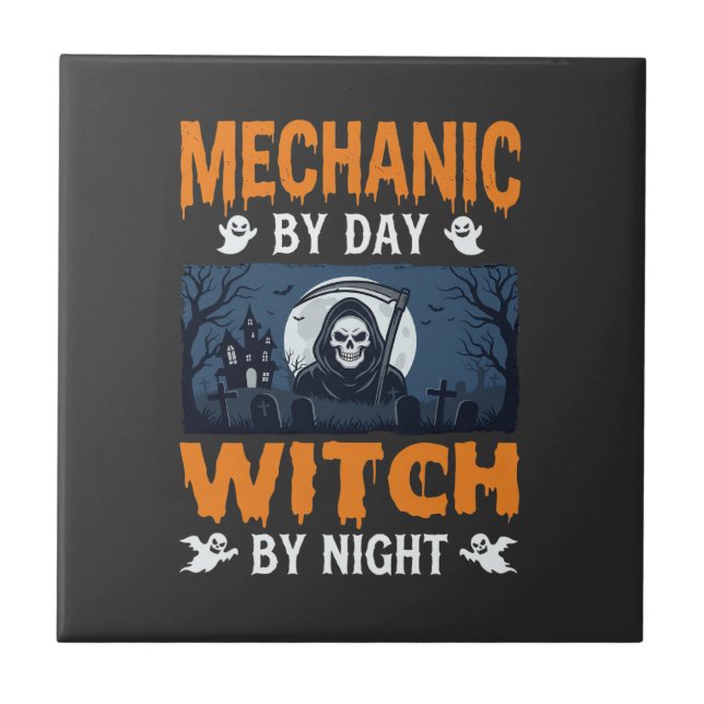Azulejo Mecánico de Halloween de Día Bruja de Noche (Frente)