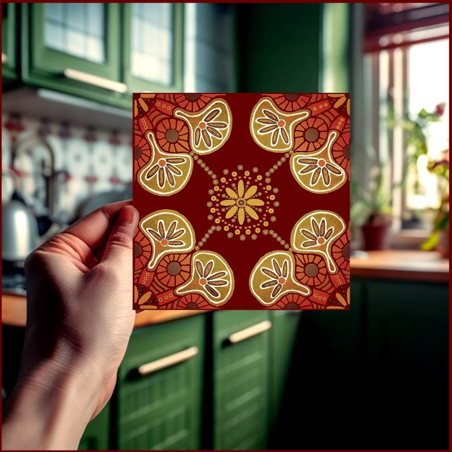 Azulejo Medallero de mosaico cerámico sobre vino (Ocher and  maroon geometric tile for fireplace kitchen or bath.)