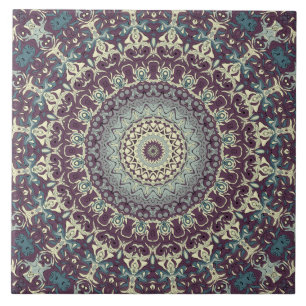 Azulejo Medallón beige azul morado Mandala Kaleidoscope