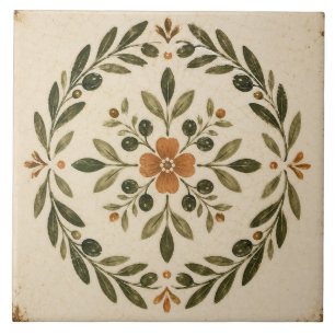 Azulejo Medallón de Corona Floral de Hoja de Olivo