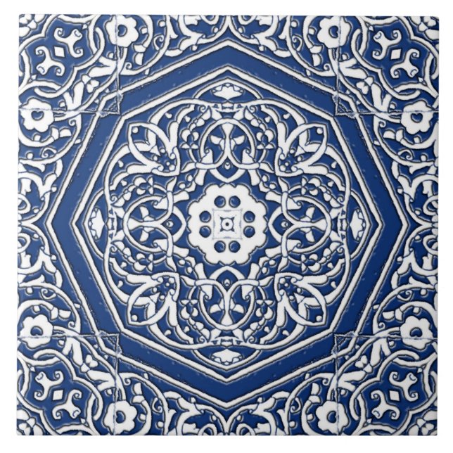 Azulejo Medallón en patrón de mosaico persa - azul y blanc (Frente)