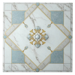 Azulejo Medallón Floral Azul Polvo y Dorado