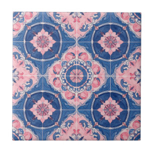 Azulejo Medallón Floral Azul Rosa Vintage