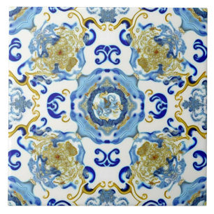 Azulejo Medallón inspirado en porcelana azul y dorado
