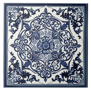 Azulejo Medallón Ornamental Floral Blanco y Azul