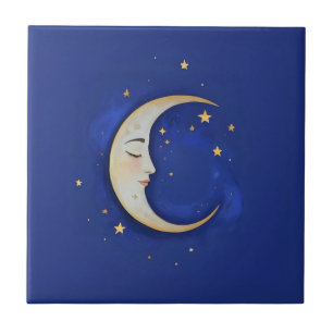 Azulejo Medialuna celestial con rostro oro azul oscuro