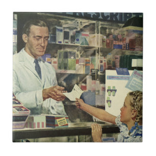 Azulejo Medicina Antigüa, Farmacéutico y Niña en Farmacia