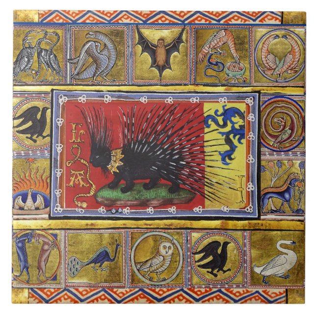 Azulejo MEDIEVAL BESTIARY,BLACK HEDGEHOG KING and ANIMALS  (Frente)